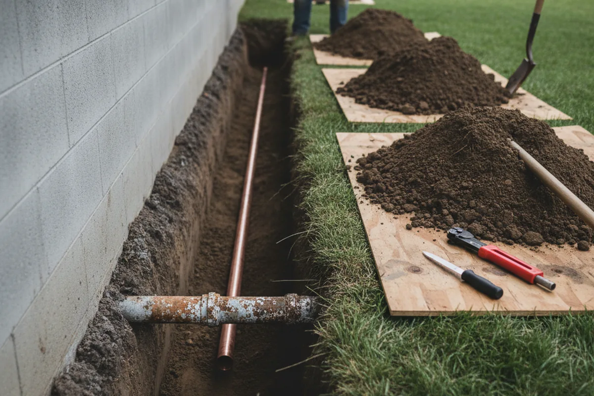 Excavated water line trench during Water Heater Repair in Lancaster